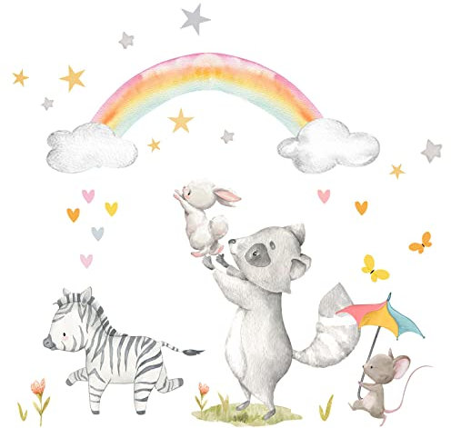Little Deco Wandtattoo Wandsticker Kinderzimmer Waschbär Hase I Wandbild 101 x 67 cm (BxH) I Maus Wandaufkleber Zebra Spielzimmer Regenbogen Baby Deko Sterne DL720