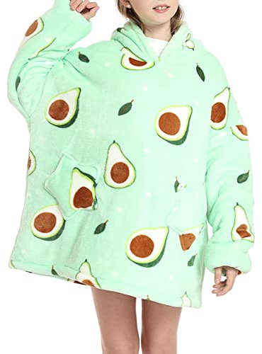 Fohevers Kapuzenpullover Decke, Decke Sweatshirt, Tragbar Decke Kapuzenpullover Überdimensioniert Kuscheln Decke zum Kinder 5-13 Jahre Alt Avocado
