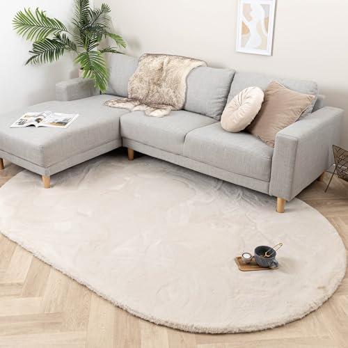 FRAAI | Home & Living Hochflor Teppich Oval - Comfy Supreme Creme - Einfarbig - Modern, Skandinavisch - Wohnzimmer, Schlafzimmer - Fellteppich - Carpet