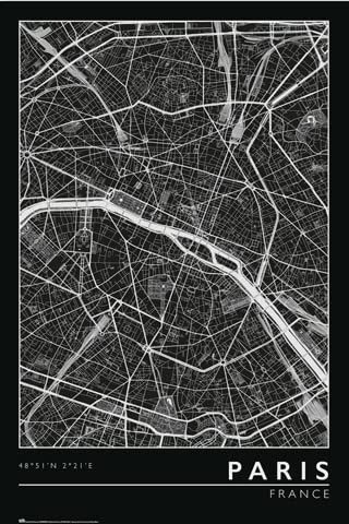 City Map - Paris - Poster Plakat Druck - Größe 61x91,5 cm + 2 St Posterleisten Kunststoff 62 cm schwarz