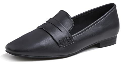 Feversole Women's Fashion Dress,Vestito alla Moda da Donna Comodo Tacco Basso Office Penny Mocassino Ballerine in Pelle vegana Tinta Unita Nero EU 39