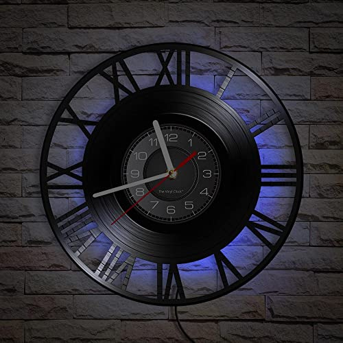 Smotly Vinyl-Wanduhr, römische Ziffern mit LED-Nachtlichtfunktion, Vintage-Heimdekor, Wanduhr, Geschenk