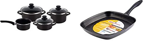 Magefesa Kenia Negra - Batería de Cocina 7 piezas, acero vitrificado exterior negro. Antiadherente bicapa Reforzado & Glass - Asador cuadrado alto 28cm de acero vitrificado exterior negro cristal