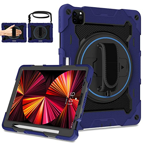 ROSROME for iPad Pro 11 inch Case 4th 3rd 2nd 1st Generation,iPad Air 5th 4th Gen 10.9 inch Case for Kids with Screen Protector 360 Stand Hand Strap, Navy Blue