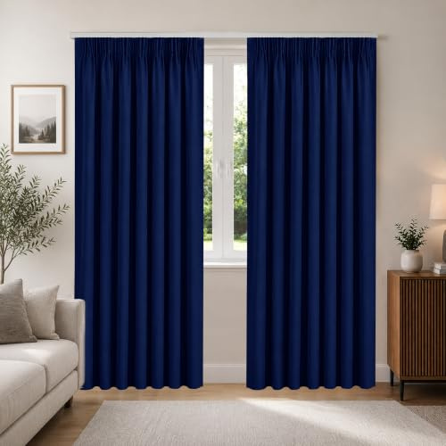 Aspire Homeware Blackout Curtains for Bedroom 90x90 Navy Curtains Privacy Protection Pencil Pleat Curtains Thermal Insulated Energy Saving Curtain 2 Panel with Tiebacks
