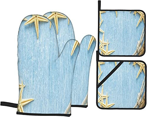 Ofenhandschuhe und Topflappen Sets mit 4 Vintage-Topfhandschuhen aus Polyester mit maritimem Strandmuscheldruck, Ofenhandschuhen und Hot Pads Topflappen für den Grill in der Küche