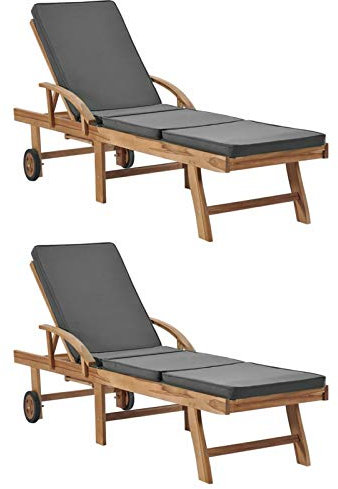Keketa Sonnenliege mit Auflage Gartenliege mit Rollen Strandliege Relaxliege Holzliege Liegestuhl Terrassenliegen Rückenlehne und Fußteil Verstellbar 2 STK. Massivholz Teak Dunkelgrau