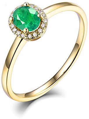 Lieson Ring Gold Damen 585 14K, Trauringe Frauen 0.3ct Oval Smaragd mit 0.05ct Diamant Hochzeit Ring Gelbgold Große 63 (20.1)