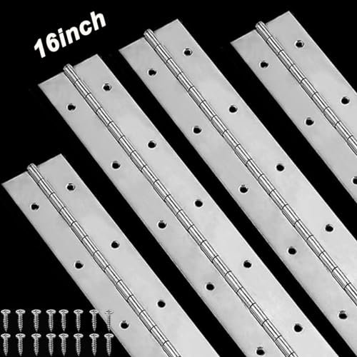 LOSYHU 4 Pack Piano Hinge 16 Inch Heavy Duty Continuous Cabinet Hinge 1.2 Open Width Stainless Steel Piano Hinges with Holes & Screws for Cabinet Doors Pianos Toolbox Storage Boxes, Silver