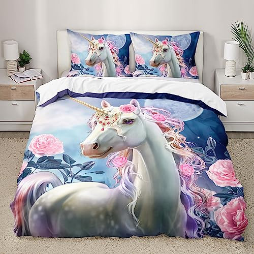 HOTRCR 3D Gedruckt Einhorn Bettwäsche, Bunte Bettwäsche Set Geeignet für Kinder/Mädchen/Erwachsene bettwäsche 135 * 200cm,80 * 80cm*1 EEBTTAH070