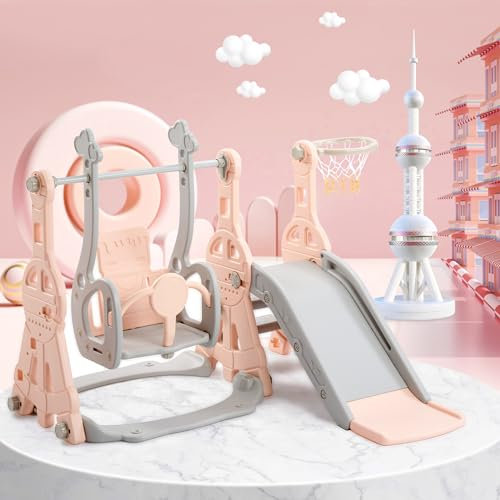 BTM Gleitschiene für Kinder, Schiebeschaukel für Kinder, 4 in 1, Basketballständer – Ball, Klettern, Schieber innen und außen für den Garten (Pink)