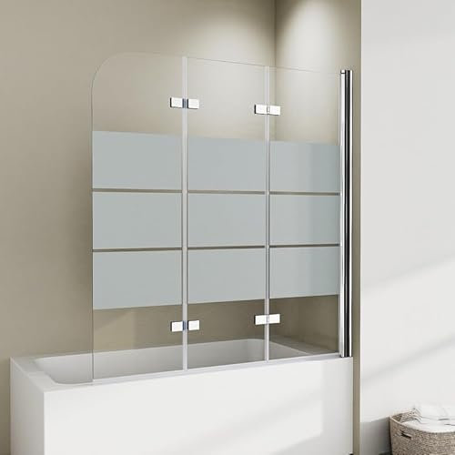Duschwand für Badewanne 3-teilig 130x140cm Faltbar Gestreift Duschtrennwand, Glas Faltbar Duschabtrennung Dreiteilig Badewannenwand aus 6mm ESG Sicherheitsglas, Wannenfaltwand Glastrennwand
