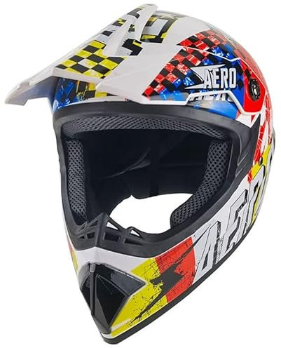 Kinder Crosshelm Skeleton AHP – Motorradhelm für Kinder, ABS-Schale, robuster Kinderhelm für Downhill, Quad und Motocross, Weiß bunt, Größe L, 57 – 58 cm
