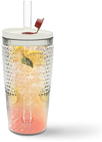 Bicchiere da cucina artigianale in vetro con cannuccia e coperchio, 623,7 g