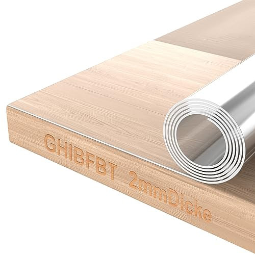 GHIBFBT Tischdecke Transparent, 2mm Tischfolie Transparent Gute Haftung Tischdecke Abwaschbar Transparent Wasserdicht Glasklar Folie, Transparente Tischdecke Wunschmaß Größe Wählbar (90cm*180cm*2mm)