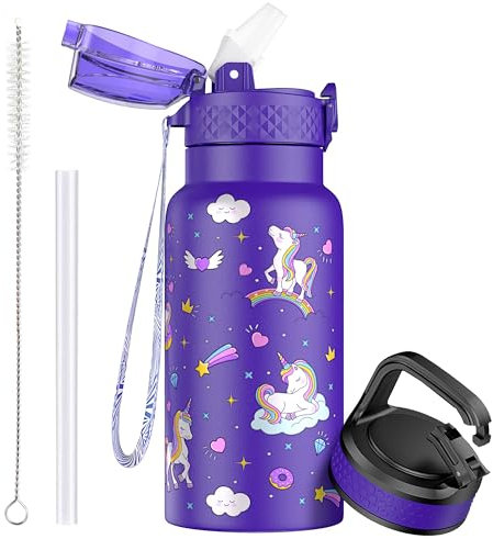 OLDLEY 500ml/17oz Kids Stainless Steel Insulated Water Bottle with Straw Double Wall Metal Vacuum Leakproof Reusable Small Flask with 2 Different Lids Hot Cold Drinks for Boys Girls Toddler Children