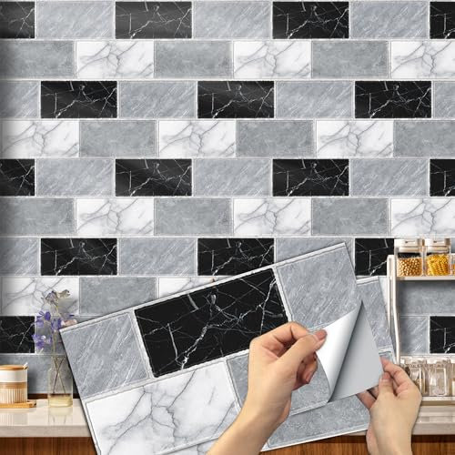 12pcs Kitchen and Bathroom Tile Stickers, Stick on Tiles Waterproof Vinyl Self Adhesive Wall Tile Peel and Stick Tiles Decals for Living Room - 30x15cm (Whtie and Black)