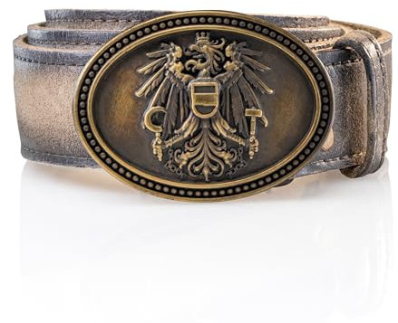 Schöneberger Trachten Couture Herren Trachtengürtel Austria, Lederhosen Gürtel mit Österreich Adler Schnalle, Ledergürtel aus Wildbock-Leder, Falco (Sand-Braun, 58-60)