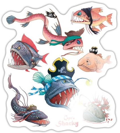 Spreadshirt Käpt'n Sharky Fische Sticker, max. 10x10 cm, 10 x 10 cm, Weiß glänzend