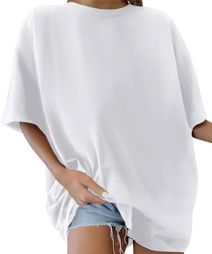 PASUDA Women's Oversized T Shirts Summer Casual Tops Short Sleeve Drop Shoulder Tee Crewneck Cotton Plain Color Top Loose Baggy Vintage Chic Shirts (White, M)