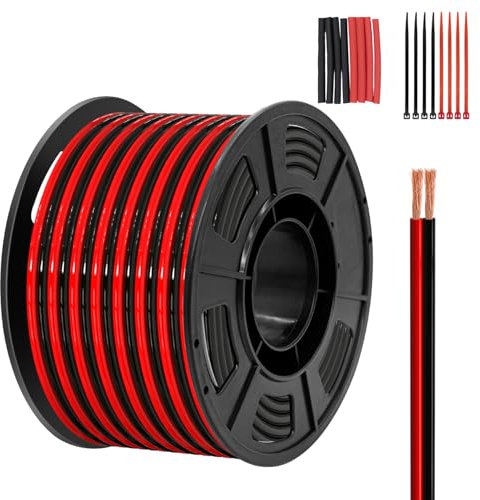 Piwaal 14AWG Spool 2.0mm² 50ft Per Spool 14 Gauge 2- Parallel Wire(Red 15M Black 15 M) Bare Copper Wire for LED Strips/Bulbs/Lamps.