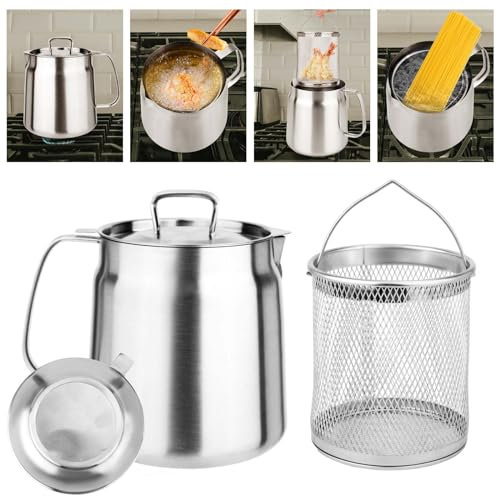 2L Recipiente Filtro Aceite, Versátil de Gran Capacidad Recipiente Aceite con Colador con Tapa de Colador y Cesta para Freír Oil Filter Pot para Cocina Camping Almacenar Alimentos con Grasa