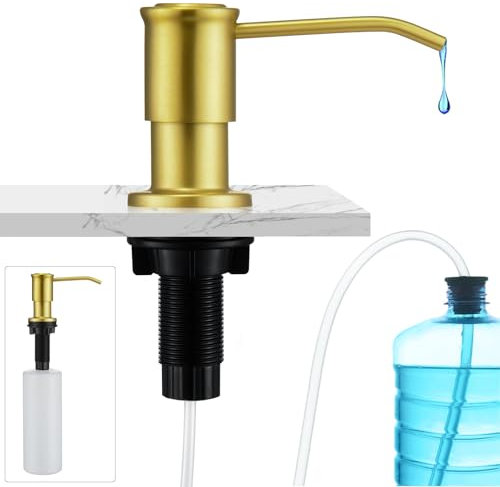 CREA Distributeur de Savon Encastrable, Distributeur Savon Evier Cuisine, Distributeur Savon Integre avec Bouteille 500ML et Ensemble de rallonge de 1,0 m, Recharge du Haut,Or