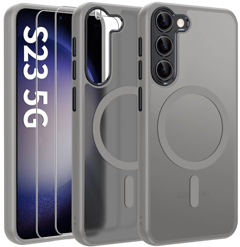 Opkiegrn Magnetisch HandyHülle Kompatibel mit Samsung Galaxy S23 Kompatibel mit MagSafe mit 2 Schutzfolie, Vollständiger Kameraschutz, Stoßfest Dünn Durchscheinende Matt SchutzHülle (Grau)