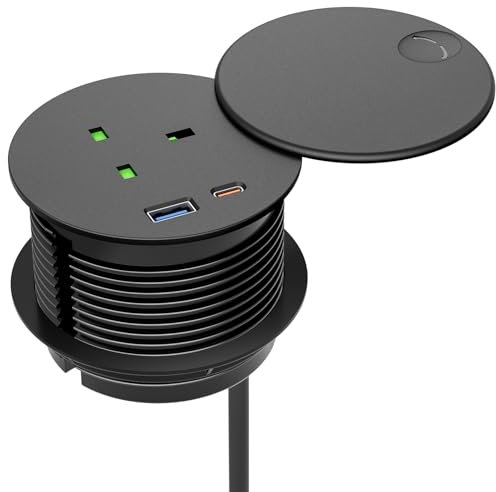 Desk Power Grommet Socket, Airmom Desk Power Socket with USB & USB-C, 80mm Recessed Power Strip PD 20W,Extension Lead Grommet Socket 2m Cable, with Rotatable Protect Cover for Home, Office -Black
