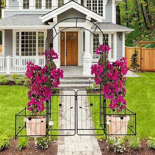 JXCCA Arche de Jardin Fer Forgé avec Portillon, Support d'escalade en Métal avec Serrure de Porte, Support à Fleurs Rose Villa Arche D'entrée Support à Fleurs Mariage