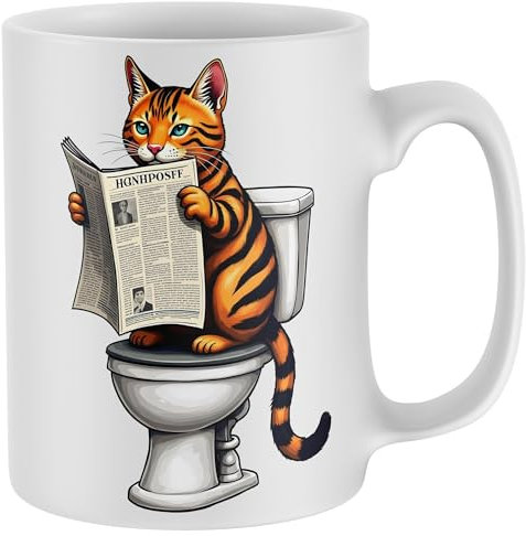 Purple Print House Funny Bengal Cat Toliet Mug Newspaper Homour Cup Christmas Birthday Stocking FIller Gifts Men Women