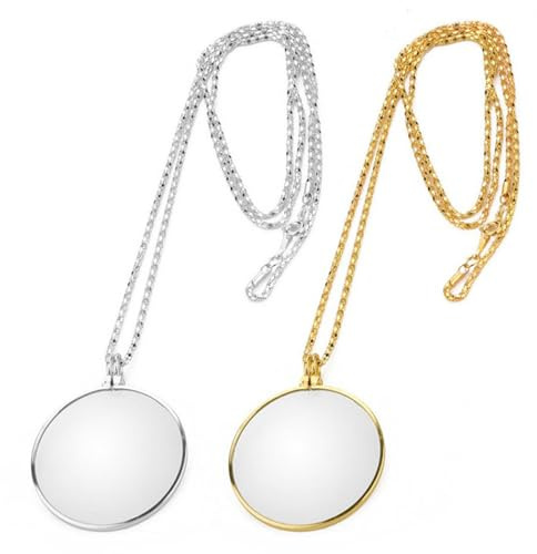 2 Stücke Monokel Lupe,Kleine Mini Monocle Magnifying Glass Necklace,5X Metall Brille mit Halskette,Glaslinse Monocle Anhänger Halskette für Büchern Zeitungen,Einschlaglupe zum Umhängen (Gold Silber)