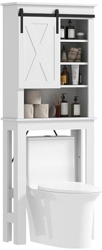 HOMCOM Mueble sobre Inodoro Armario sobre Inodoro con Puerta Corredera de Granero y 6 Compartimentos Mueble de Baño Rústico 67x25x172 cm Blanco