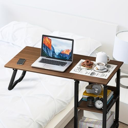 Yagosodee Overbed Bedside Table With Wheels,Rolling Laptop Table Adjustable Height Mobile Desk Table With Shelves And Metal Legs,Two-In-One, Laptop Standing Computer Desk (No Drawers, Black)