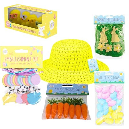 AKEDE Easter Bonnet Kit - Straw Hat, Easter Chicks, Grass for Easter Bonnet, Glitter Eggs, Feathers Grass - Embellishments - Kids Easter Bonnet Decorations Girls Boys - Yellow