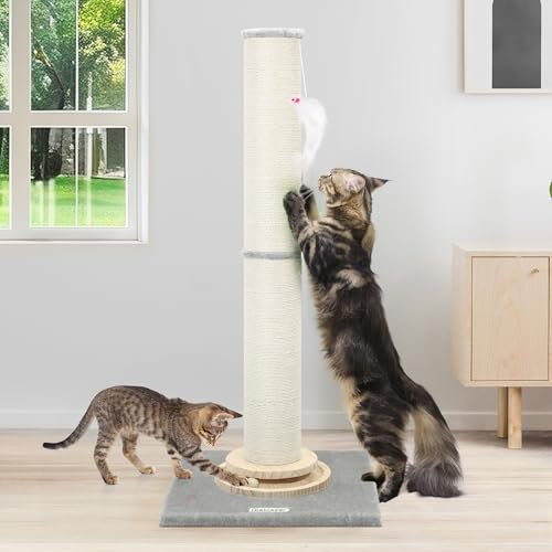 Globlazer Poteau Griffoir Chat XXL Haut 90 cm & 50 cm Réglable 2 en 1 avec Grande Base Épais Griffoir Sisal Piste Balles Bois Chats Jouets, Griffoir Poteau pour Chat Grand Adulte (SC35, Gris Clair)