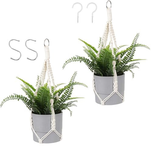 Macrame Plant Hanger, 2PCS Plant Hangers Indoor Hanging Planter Basket with 2 Hooks Wood Beads Decorative Flower Pot Holder for Indoor Outdoor Boho Home Decor