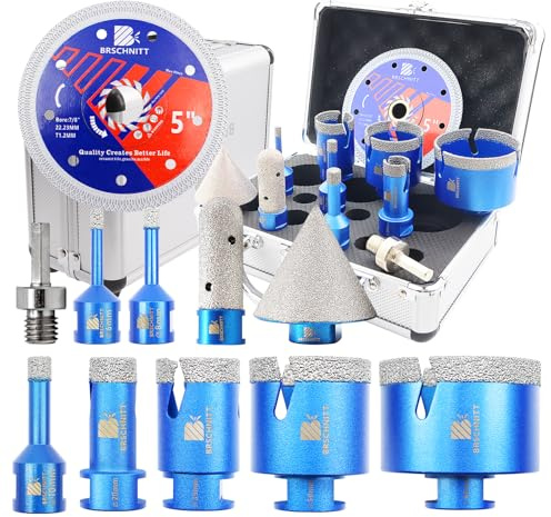 BRSCHNITT Dimoand Kit de scies cloches diamantées pour carrelage 6/8/10/20/35/50/68 mm et 20/50 mm Disque de coupe 125 mm