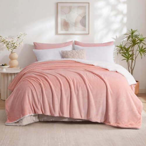 Aisbo Sherpa Fleece Throw Blanket Pink - Fluffy Thick King Size Blanket Extra Large Throw for Bed, Warm Soft Solid Microfiber Throws for Couch Sofa, 200x240cm