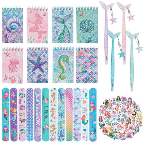 Phlognfy Meerjungfrau Party Geschenke, 8 Spirale Notizblock, 8 Neutraler Stift, 12 Armband, 50 Aufkleber, Meerjungfrau Party Mitgebsel Kindergeburtstag, für Mädchen Gastgeschenke