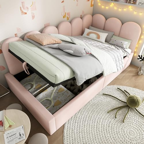 Merax Single Pink Upholstered Bed, 3ft Single Day Bed Ottoman Bed with Hydraulic Storage, with interchangeable Upholstered Fence, Metal Slatted Frame, for Adults Children, Velvet/90x190cm(No Mattress)