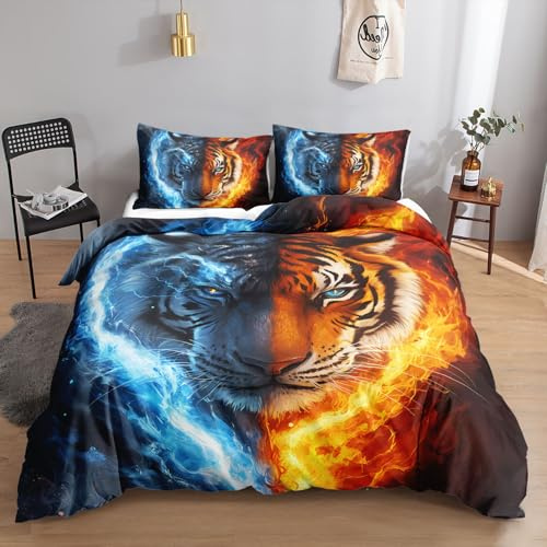 HOSIMA Tiger Bettwäsche Set, 155 x 220 cm, Rot und Blau, Bettwäsche-Set, 1 Bettbezug, 2 Kissenbezüge, Reißverschluss, geeignet für Kinder, Jugendliche und Erwachsene