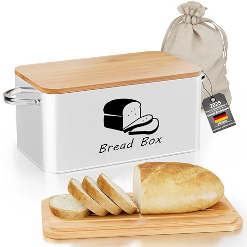 Mihoho Brotkasten aus Metall mit Bambus-Schneidebrettdeckel, Brotaufbewahrungsbehälter, moderner Küchenorganizer für Sauerteig, Brötchen und Brote (Weiß A)