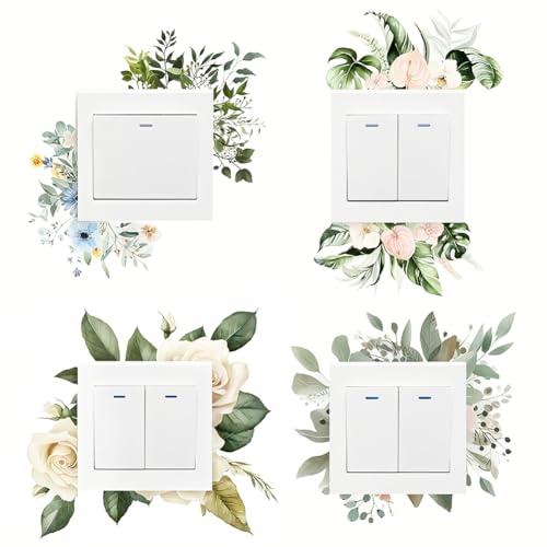GORGECRAFT 8 Stück 4 Stile Lichtschalter Aufkleber Steckdose Vinyl Dekor Aufkleber Blumen Blätter Pflanzen Wasserdicht PVC Schalterumrandung Dekoration Kunst Wandaufkleber Für Zuhause Büro Wohnzimmer