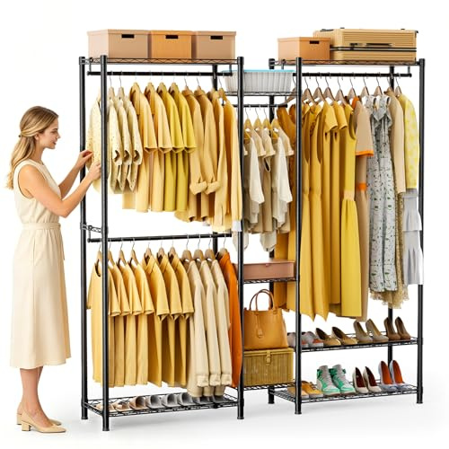 Rouwthio Clothes Rail, Heavy Duty Clothes Rack, Open Wardrob with Adjustable Storage Shelves and Hanging Rails, Metal Coat Rack for Bedroom, Living Room, Hallway, Shelves for Shoe and Clothes Storage