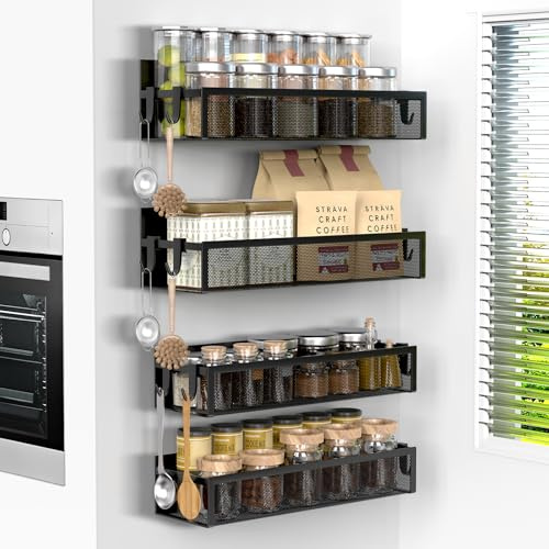 Averrex Magnetic Spice Rack for Fridge, 4 Pack Strong Magnetic Shelf with 8 Hooks, No Driling Kitchen Storage Rack, Metal Spice Organiser, Moveable Shelves for Home Kitchen Laundry Room