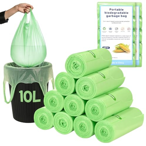YOMKILU 200 Pièces Sac Poubelle Biodégradables 10L, 10 Rollen 45x60cm Sacs Poubelle avec Poignée, 2.6 Gal Ultra Résistant Trash Bag pour Cuisine, Maison, Bureau, Vert