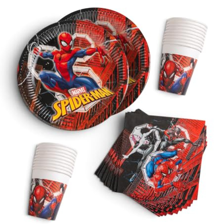 Procos - Decorazione di compleanno Spiderman World of Webs, 52 pezzi, piatti, bicchieri e tovaglioli di carta per feste di compleanno per bambini, coordinati tavola per feste
