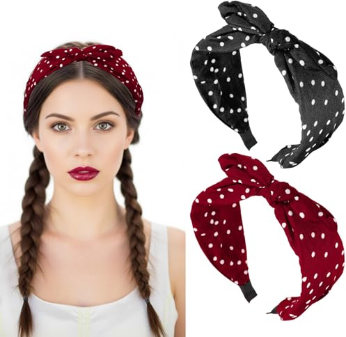 HJZHII 2 Stück Rockabilly Accessoires Damen, Rot Polka Dots Haarreif French Breite Haarbänder Vintage Ohren Haar Bands Elastische Twist Haarreifen Rot & Schwarz für Alltag Party Ostern Karneval