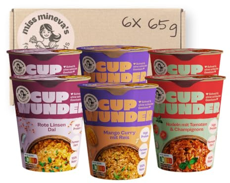 Miss Mineva's Cup Wunder Mix - Rote Linsen Dal, Mango Currry mit Reis, Nudeln mit Tomaten & Champignons | 100% natürlich, fermentiert, High Protein & vegan | Ohne Industriezucker | 6 × 65 g